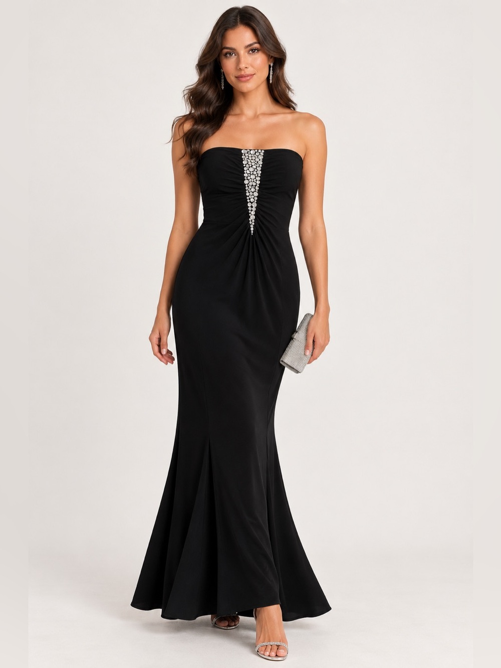 $400 Laura Strapless Black Gown with Crystal Front Trim